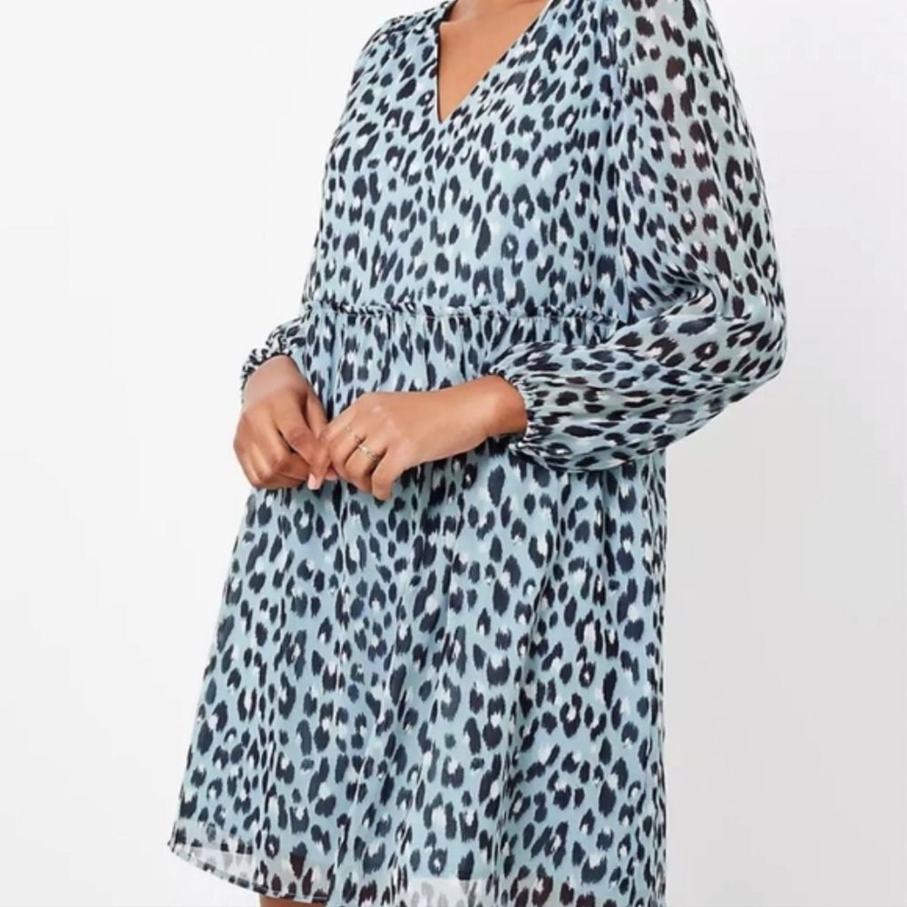 New LOFT Blue Leopard Print Long Sleeve V-Neck Midi Dress P 405